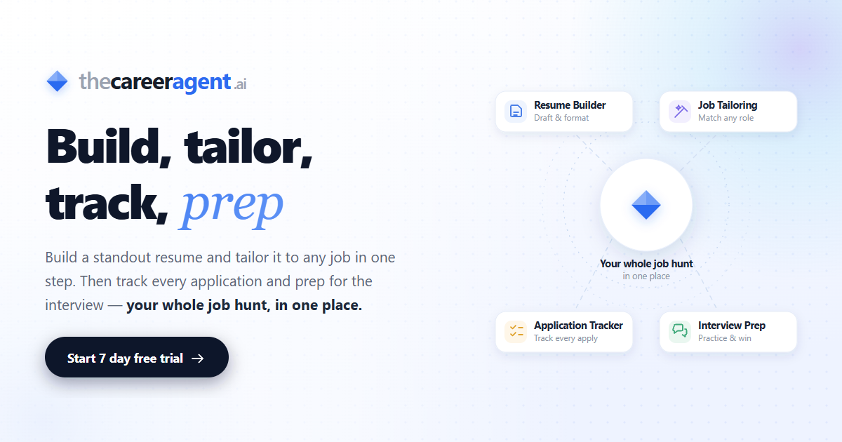 The Career Agent AI — build and tailor your resume, track applications, and prep for interviews: your whole job hunt, in one place.